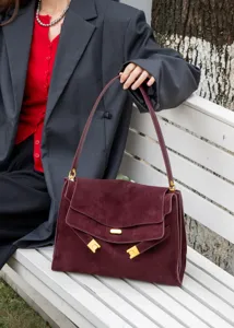 Burgundy suede shoulder bag for women, retro luxury design leather commuting tote bag.