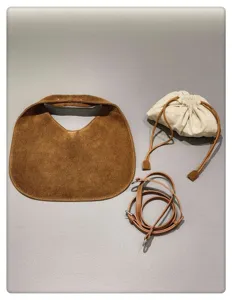 Brown suede triangular shoulder bag with inner pouch and strap for women autumn winter