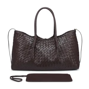 Close-up of dark brown woven leather tote bag detail, premium intrecciato texture craftsmanship.