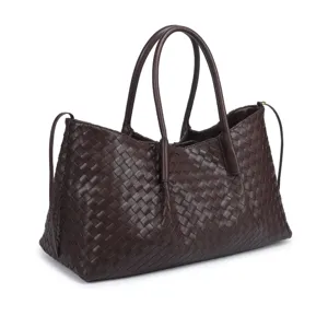 Dark brown woven leather tote bag, vintage handmade intrecciato style large luxury handbag.