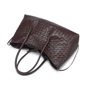 Dark brown woven leather tote bag, retro large capacity shoulder handbag for women daily use.