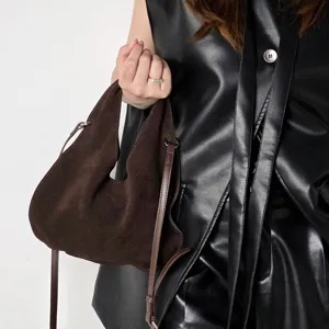 Brown suede triangle crossbody bag for women, stylish leather slouchy shoulder handbag