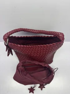 Burgundy woven leather shoulder bag large capacity casual fashion underarm bucket tote bag