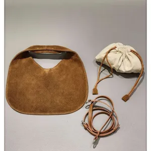 Fashion suede triangle crossbody bag for women, brown leather shoulder bag with pouch.