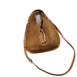 Brown suede triangular crossbody bag for women, fashion dumpling shoulder bag with strap.