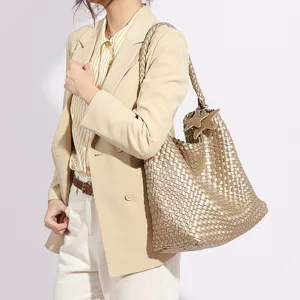 Gold woven leather tote bag large capacity stylish shoulder underarm bag for women