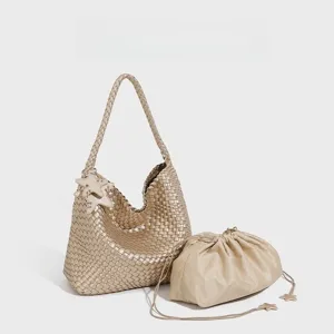 Metallic gold woven hobo shoulder bag set with star charm and cute matching pouch.