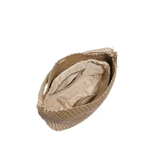 Woven leather tote bucket bag for women, large capacity casual shoulder underarm bag interior view.