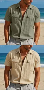 Men linen short sleeve shirt detail shot, casual beach wear with dual chest pockets and lapel.