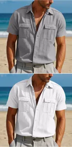 Detail view of men summer short sleeve linen shirt in grey and white with dual chest pockets.