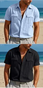 Men short sleeve linen shirt detail, casual beach lapel button down top with dual chest pockets.
