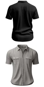Detail view of men's short sleeve linen shirt with lapel collar and double chest pockets.