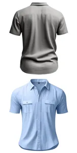 Men's casual short sleeve linen shirt with lapel and double pockets for summer daily wear.