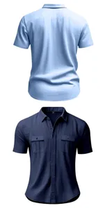 Men short sleeve linen shirt detail view, casual lapel button down top with dual pockets