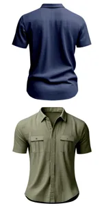 Men's short sleeve linen casual shirt with lapel collar, front buttons and dual chest pockets.