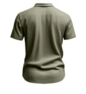 Detailed back view of olive green men short sleeve casual shirt with lapel collar.