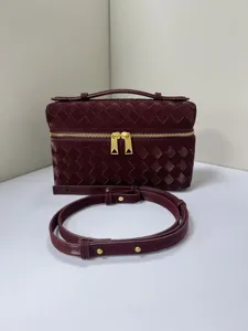 Glossy Woven Vanity Bag Burgundy Leather Crossbody Handbag Designer Style Cosmetic Case