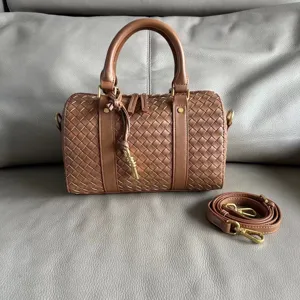 Vintage Genuine Leather Woven Boston Bag Large Capacity Handbag Casual Pillow Bag Women's Top Handle Crossbody Bag