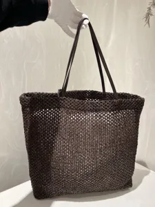 Dark brown woven tote bag for women, large capacity minimalist casual shoulder bag.