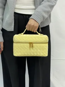 Yellow woven cosmetic bag vanity case stylish top handle handbag chic ladies purse