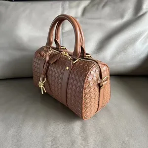 Vintage brown woven leather Boston handbag, large capacity stylish shoulder crossbody bag.