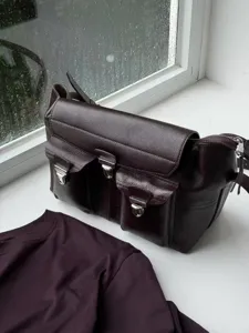 Dark brown leather messenger bag, vintage motorcycle style crossbody shoulder bag for men women.