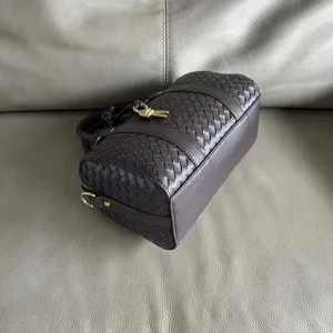 Cross-body genuine leather woven boston handbag for women, retro luxury style shoulder bag.