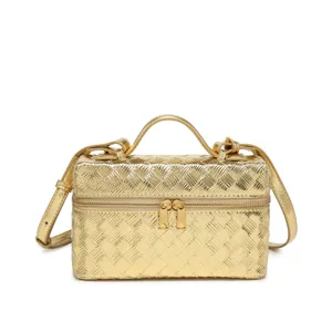 Womens Fashion Woven PU Leather Handbag Luxury Designer Top Handle Tote Bag Portable Cosmetic Makeup Bag