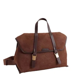 Vintage brown suede messenger bag for women, large capacity retro casual backpack with top handle.