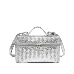 Silver metallic woven vanity bag, stylish box handbag and crossbody cosmetic bag for women.