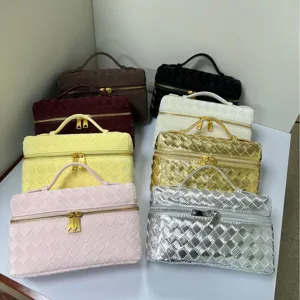 Woven vanity cosmetic bag PU leather top handle handbag multi color daily stylish purse