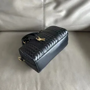 Vintage black woven leather Boston bag, large capacity shoulder handbag for women.