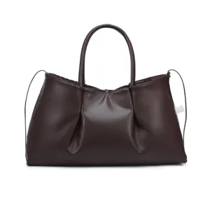 Dark brown woven tote bag for women, large capacity stylish shoulder handbag for daily use.