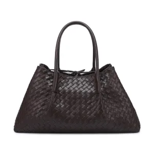 Classic dark brown woven leather tote bag for women, large capacity vintage everyday handbag.
