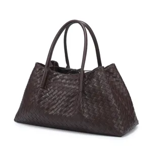 Dark brown leather woven tote bag, elegant vintage large capacity shoulder handbag for women.
