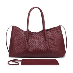 Woven leather tote bag for women, large capacity shoulder handbag with pouch, burgundy retro style.