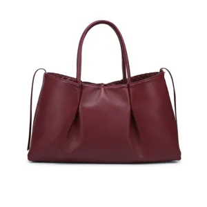 Burgundy leather tote bag large capacity women casual shoulder handbag vintage style chic