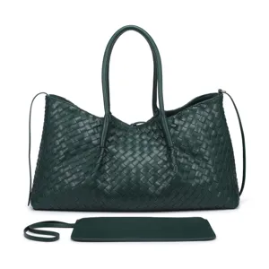 Detailed view of the dark green woven leather tote bag with matching pouch and top handles.