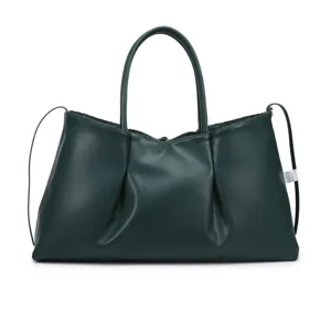 Dark green PU leather tote bag, retro style pleated handbag, large capacity shopper bag.