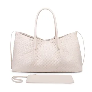 Premium beige woven leather tote bag with matching pouch, stylish large capacity handbag for women.