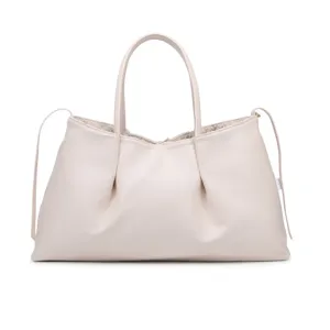 Elegant minimalist beige leather tote bag with woven inner details and side drawstrings for women.