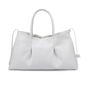 White leather tote bag with braided trim and double handles for women daily commuting style.