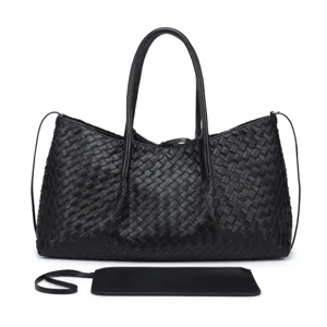 Detailed view of black woven leather tote bag with matching pouch and twin handles for daily use.