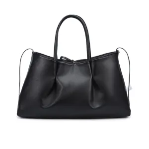 Black leather tote bag for women, large capacity minimalist handbag with stylish ruched design.
