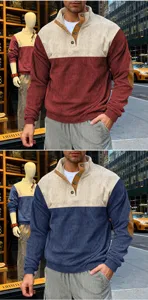 Men's colorblock corduroy stand collar long sleeve sweatshirt with button detail.