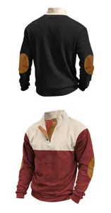 Men corduroy stand collar long sleeve sweatshirt with contrast elbow patches and snap buttons.