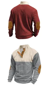 Men corduroy sweatshirt detail showing stand collar, button placket and elbow patches.