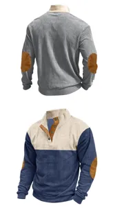 Men corduroy color block sweatshirt stand collar long sleeve shirt with elbow patches detail.