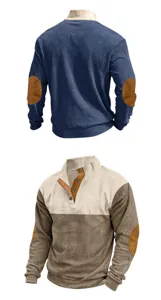 Men corduroy long sleeve sweatshirt casual stand collar top with elbow patches detail view