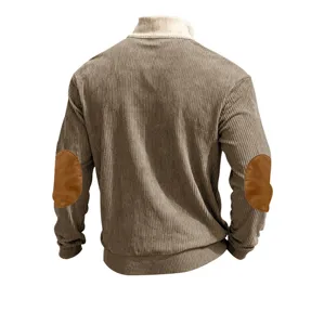 Men corduroy jacket back detail stand collar elbow patch casual long sleeve sweatshirt